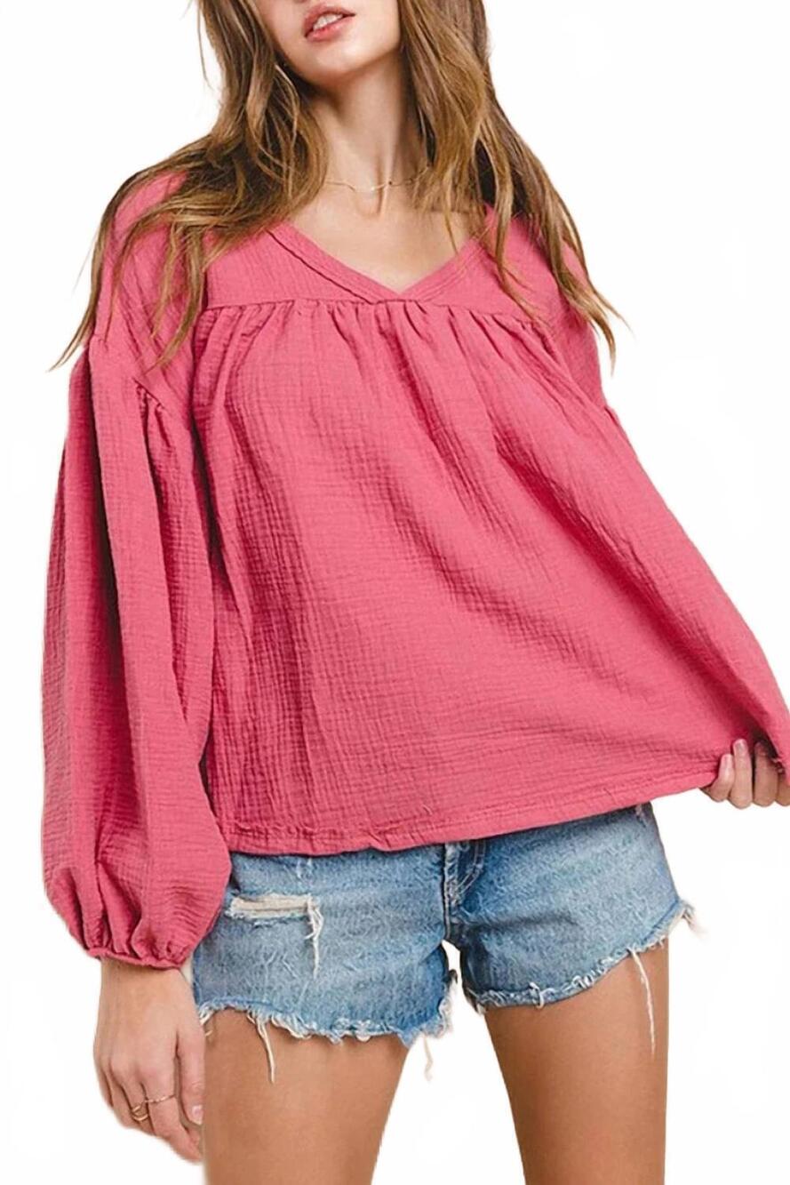 NEW CES FEMME women's long sleeve v-neck tunic blouse top in rose